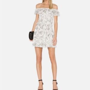 Alice + Olivia JANELLE SILK Embroidered‎ Off the Shoulder Dress 4 Cream Black